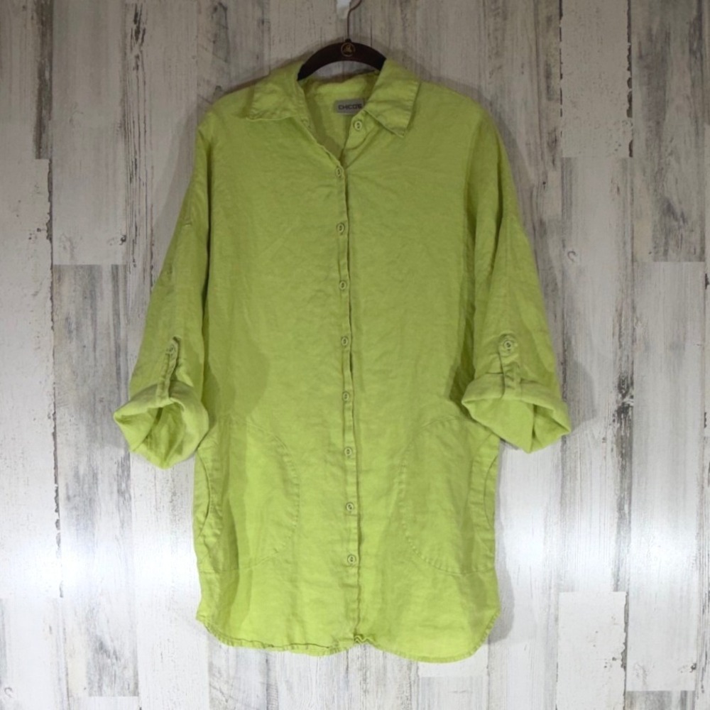 Chicos Green Linen Button Up Tunic Size 1 Medium Roll Tab Sleeve Coastal Beach
